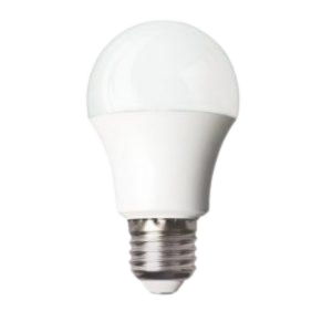 A white, frosted A-shape LED light bulb with a standard screw base on a transparent background.