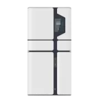 Modern, sleek white and dark-colored refrigerator. It features a digital control panel located on the upper portion of the appliance, with buttons or a touchscreen for adjusting settings. The fridge is designed with two symmetrical sections, giving it a minimalist and futuristic look. The design includes a central dividing line and a small section for opening, suggesting it is a double-door or two-door model.