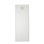 A tall, slim white home battery storage unit with a circular status indicator near the top and smooth modular panels.