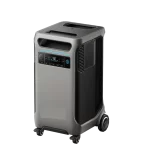A portable wheeled power station with a digital control display, side ventilation, multiple outlet ports, and a sturdy handle integrated into the top.