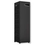 A tall, black modular battery or server storage unit with stacked vented panels and a rounded rectangular indicator light near the top.