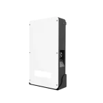 Wall-mounted solar battery storage unit with a white front panel and black casing.