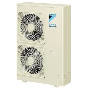 Daikin VRV IV inverter commercial HVAC outdoor unit with two fans, shown in a white casing.