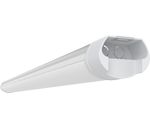 White, cylindrical housing or casing for a linear lighting fixture, shown disassembled at one end.