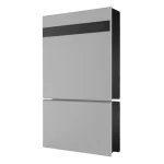 Modular gray energy storage unit or battery pack with a dark display strip at the top.