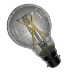 A white, frosted A-shape LED light bulb with a standard screw base on a transparent background.