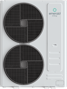 Emerald Energy branded white outdoor heat pump unit with two large black fans.