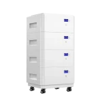 Modular white battery energy storage system (BESS) unit stacked four high, featuring small digital displays and mounted on caster wheels.