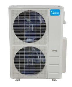 Midea brand vertical outdoor heat pump or air conditioner unit with two large fans.