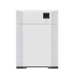 Large, white, rectangular battery energy storage system (BESS) or power control unit with a black base and a small digital display.