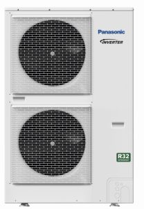 Panasonic Inverter heat pump outdoor unit with two fans and R32 refrigerant labeling.