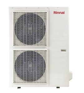 Rinnai brand vertical outdoor heat pump or air conditioner unit with two fans.