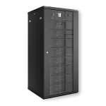 Tall, black server rack or battery storage cabinet with a glass front door, showing stacked internal modules.