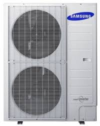 Samsung Smart Inverter outdoor air conditioner or heat pump unit with two large fans.