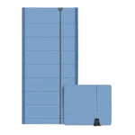 Abstract graphic of two blue rectangular shapes, one tall and one short, connected by a dark vertical line.