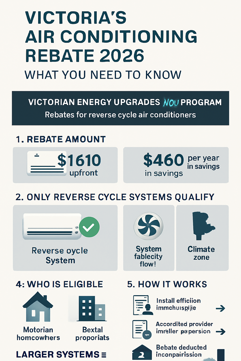 Infographic showing Victoria air con rebate amounts, eligibility criteria, and 6-step process for claiming rebates under the VEU program in 2026