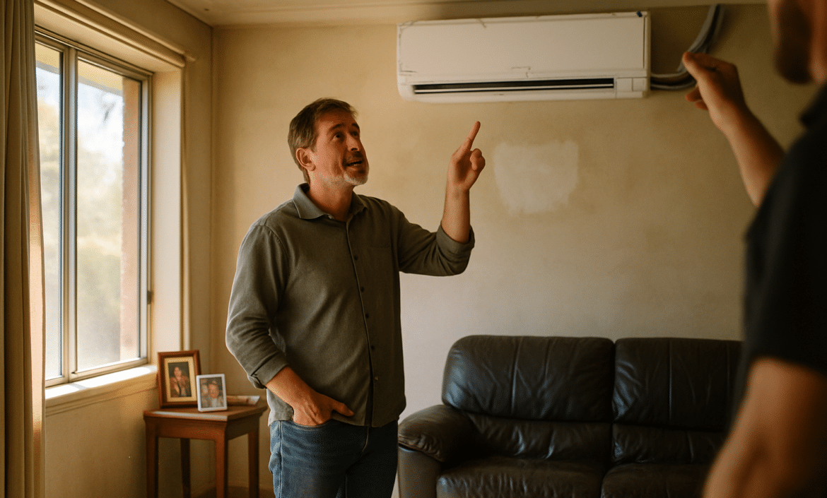 Victorian homeowner pointing at newly installed reverse cycle air conditioning split system in lounge room
