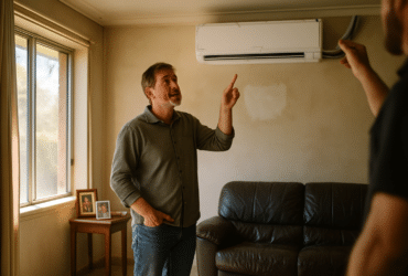 Victorian homeowner pointing at newly installed reverse cycle air conditioning split system in lounge room