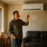 Victorian homeowner pointing at newly installed reverse cycle air conditioning split system in lounge room